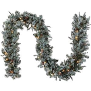 National Tree Company 9 ft Pre-Lit Arctic Spruce Artificial Christmas Garland, Christmas Decoration with Pinecones, 50 Clear Lights, 350 Tips, Green