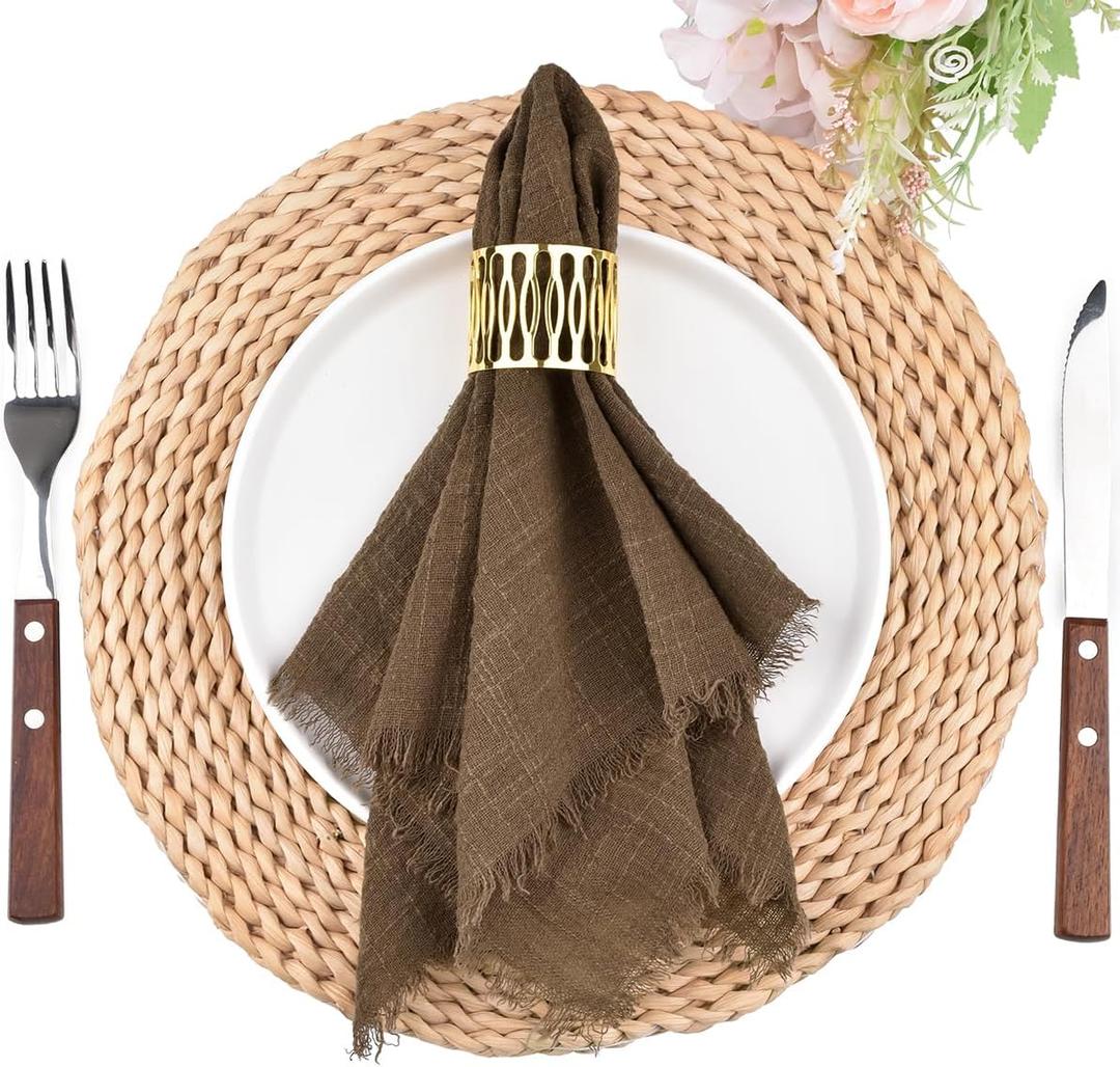 Fall Thanksgiving Rustic Cloth Napkins 16.5x16.5 Inches Handmade Cotton Linen Napkins with Fringe Boho Washable Dinner Napkins in Bulk for Wedding Party Table Decor Set of 10 Coffee