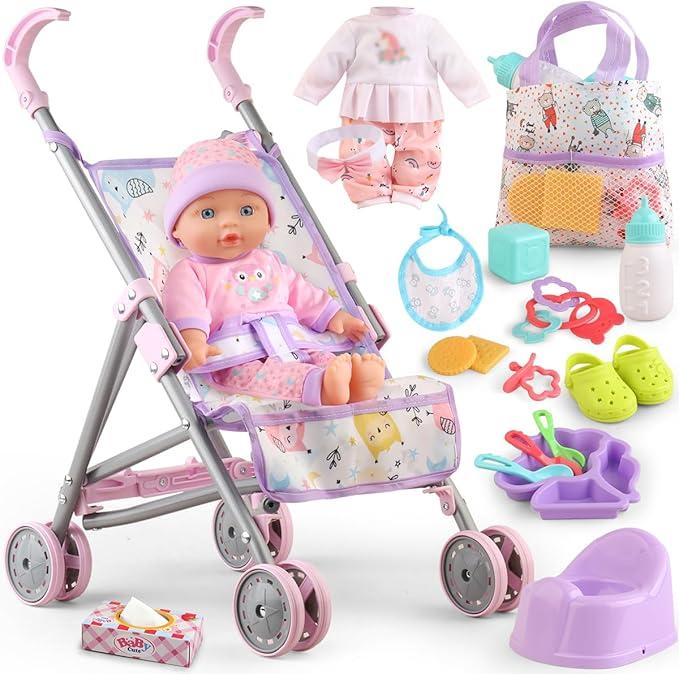 Baby Doll with Stroller Set for Realistic Pretend Play for 3 4 5 6 7 Year Old Toddler Girls Gifts. Baby Stroller Toys includes 12.5-inch Baby Dolls, 2 sets Doll Clothes and 17 PCS Doll Accessories