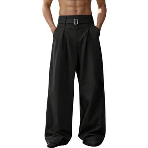Men's Pleated Baggy Dress Pants Fly Wide Leg Pants Work Office Business Slacks Belted Trousers with Pocket (Black) S