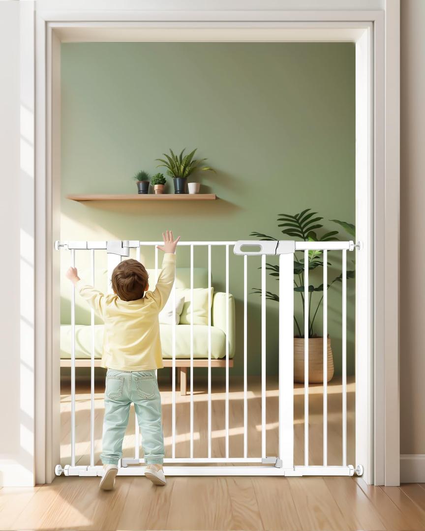 Newnice 36.6" Extra Tall Baby Gate, 29-46" Wide Auto Close Pressure Mounted Wide Dog Gate, Doorways, Easy Walk Through Wide Pet Gate for Stair,House,Kitchen,Hallway,Doorway, White