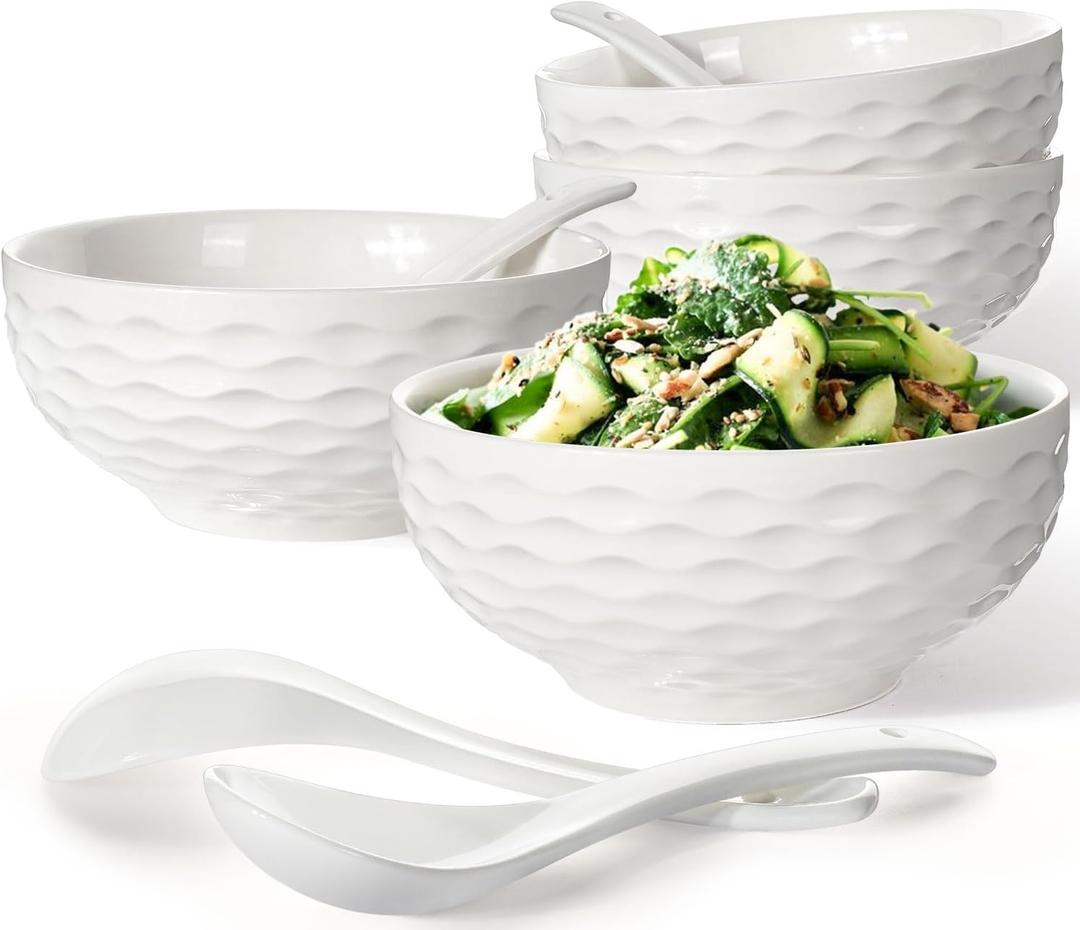 Artena Soup & Cereal Bowls With Spoons, 26 OZ Embossed Ceramic Ramen Bowl Set, 6 Inch White For Salad, Pho, Breakfast, Set Of 4, Dishwasher & Microwave Safe (Seawave)