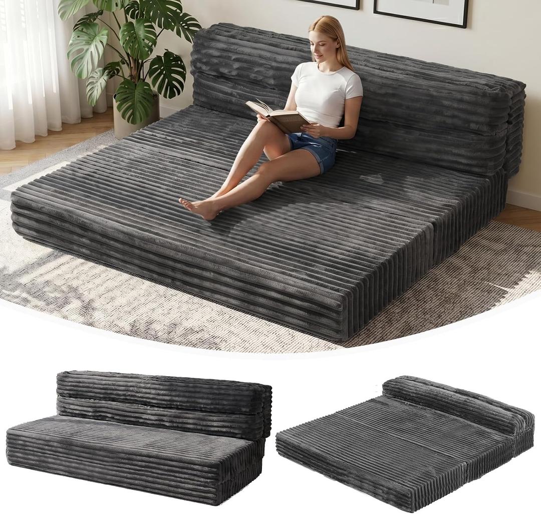 Erament Tri-Fold Futon Sofa Bed, 6 Inch Foldable Floor Couch, High-Density Foam Convertible Sleeper Sofa with Removable Washable Corduroy Cover, Portable Floor Mattress for Living Room, Queen