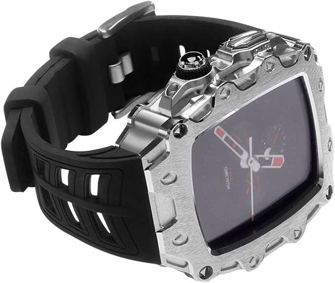 AEMALL 44mm Metal Case Rubber Strap for Apple Watch Series 7 45mm Luxury Mod Modification Kit with Glass Screen Cover for iWatch SE 654 (Color : Silver Black-Silver, Size : 44mm)