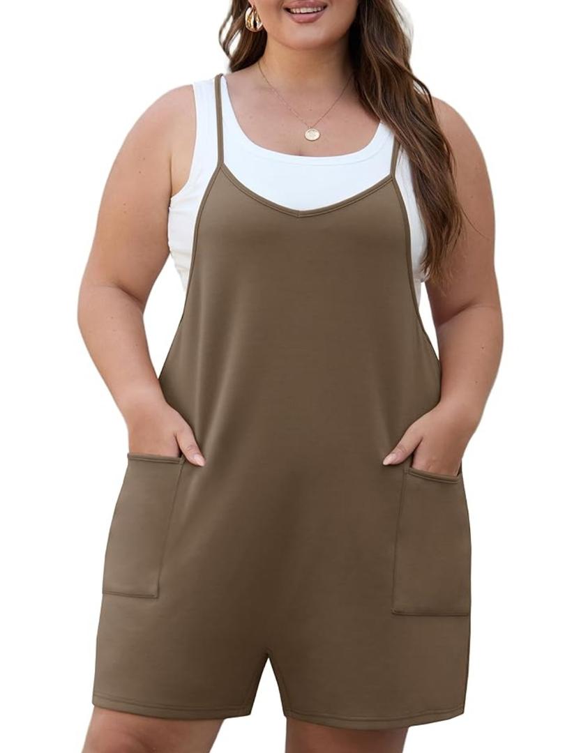 OLRIK Womens 2025 Summer Plus Size Romper Adjustable Spaghetti Strap Jumpsuits With Pockets Sleeveless Casual Overall Shorts M
