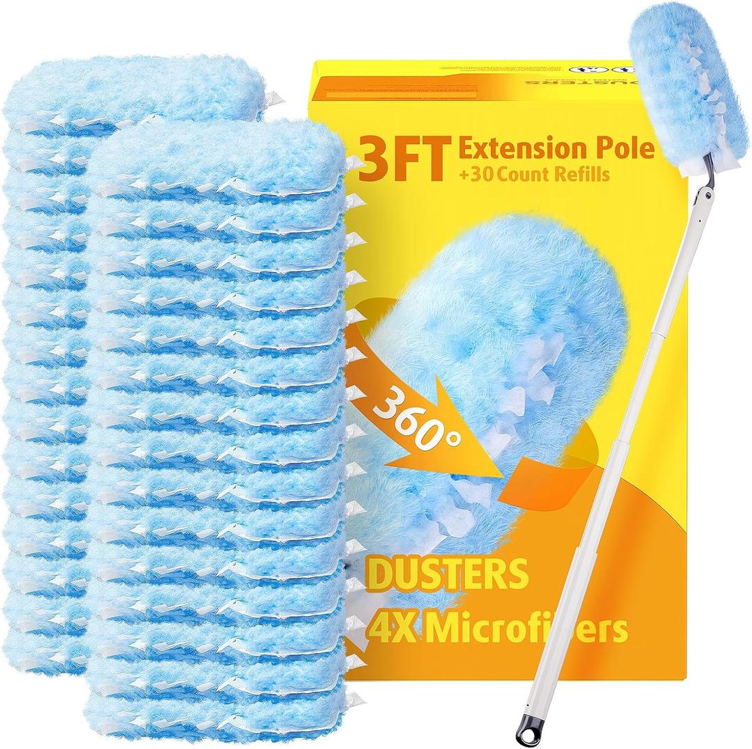30 Count Heavy Duty Duster Refills with 3 ft Extendable Handle Starter Kit, Compatible with Swiffer Disposable Microfiber Feather Dusters for Cleaning Home