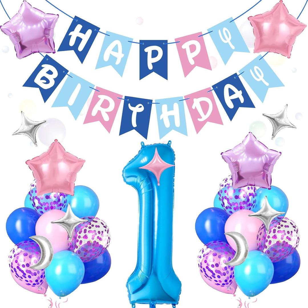 Happy Birthday Banner 40 Inch Balloon Number Pastel Pink and Blue Balloons (Sti01)