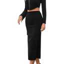 olrain Y2K Women 2 Piece Outfits Long Sleeve Boat Neck Crop Top High Waist Slit Bodycon Skirt Sets Ribbed Knit Spring Fall (Black, Small), S