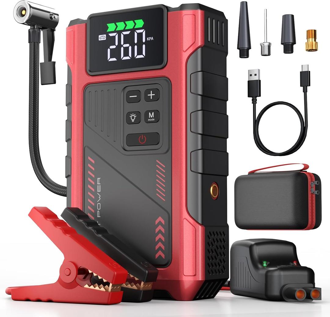 Jump Starter with Air Compressor Portable Car Battery Booster 4 in 1 12V Diesel Universal