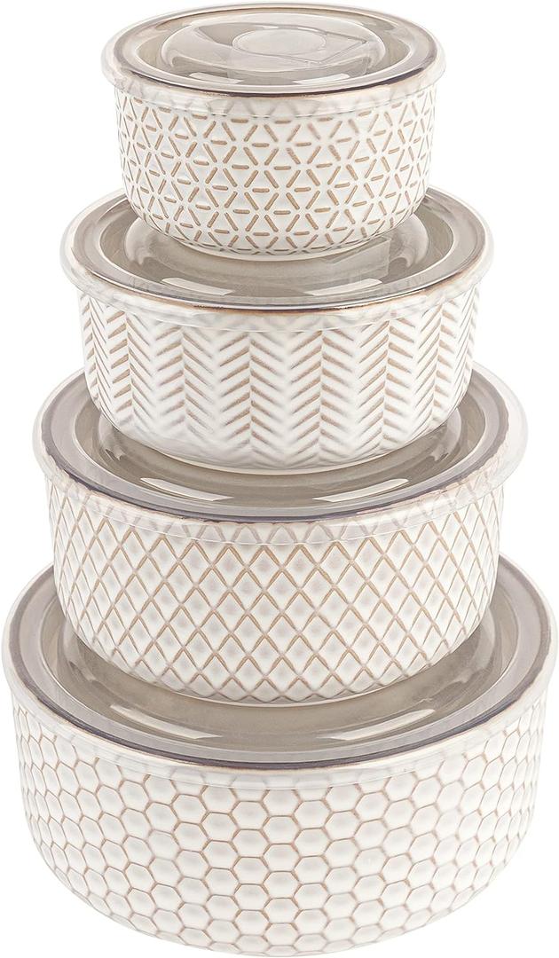 KooK Ceramic Nesting Bowls, with Lids, Serving, Set of 4, Embossed, Kitchen, Prep, Mix, Gift, Microwave and Dishwasher Safe, 10/16/29/47 oz, Narbonne Collection (Ivory)