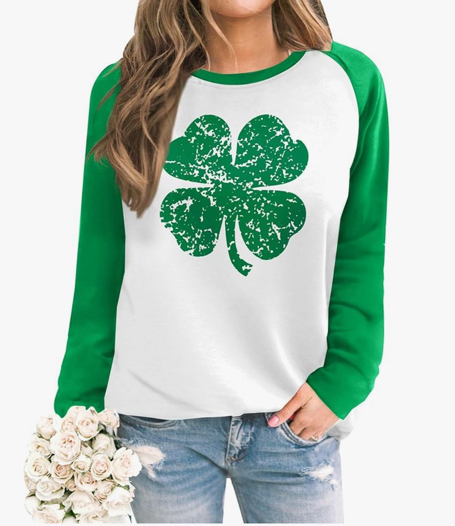 Womens St. Patrick's Raglan Long Sleeve Shirt Irish Shamrock Crewneck Sweatshirt, M