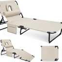 3-in-1 Sun Tanning Chair with Face Holes, Folding Chaise Lounge Chairs, 5-Position Adjustable Lounge Chair Outdoor with 2 Side Pocket & Pillow, for Pool Beach, Patio, Camping, Beige