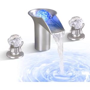 SKOWLL LED Waterfall Bathroom Faucet, Rotating Crystal with 3 Hole 8 Inch, 2 Handle Bathroom Faucets, Brushed Nickel