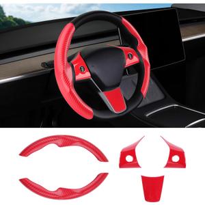 Steering Wheel Cover for Telsa Model 3/Model Y Accessories Carbon Fiber Steering Wheel Cover Protector Anti-Slip, Comfortable Grip, Breathable, Model 3/Y Accessories, Red 5PCS