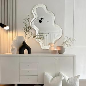 Glitzhome Pack Decorative Wall Mirrors - Vanity Mirrors with Washed White Wood Frame, Asymmetrical Mirrors for Bedroom, Livingroom, Entryway, 31.5” x 19.75”