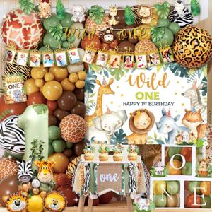 Wild One Birthday Decorations Kits - with High Chair Banner, Backdrop, 121 Balloons, Photo Banner, Balloon Box, Cake Topper & Post, 1st Birthday Decorations for Boy or Girl, Safari-Animal Print