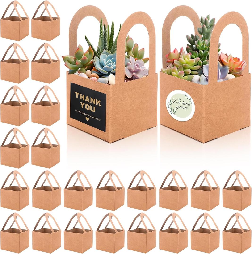60pcs Succulent Wrap Bags Bulk with Thank You Stickers Fits 2.5 Inch Pots, Mini Kraft Paper Succulent Gift Box Basket with Handles for Wedding, Baby Shower, Succulent Plants Party Favors for Guest