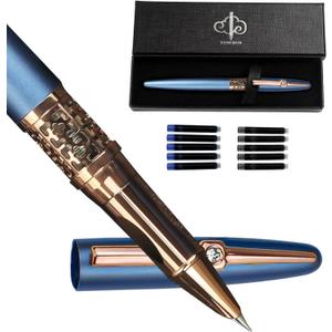 YUNCHUN Refillable Fountain Pen Fine Nib, Fancy Ink Pen with 10 Black & 10 Blue Ink Refills Cartridges, Cool Ink Pens for Writing, Business Metal, Best Gift Set for Men & Women, Blue