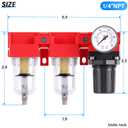 TAILONZ PNEUMATIC 1/4 Inch NPT 150PSI 3 in 1 Air Filter Pressure Regulator Combo Piggyback, Air Tool Compressor Filter, 5 Micron Filter Element(Manual Drainage)
