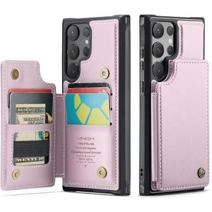 Vinich for Samsung Galaxy S24 Ultra Wallet Case with Card Holder, RFID Blocking Credit Slots Kickstand Shockproof Phone Cover for Women Men, Pink