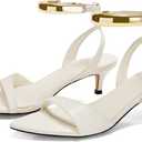 Coutgo Womens Low Kitten Heels Sandals Strappy Pointed Open Toe One Strap Metal Summer Dress Shoes (White, 11)