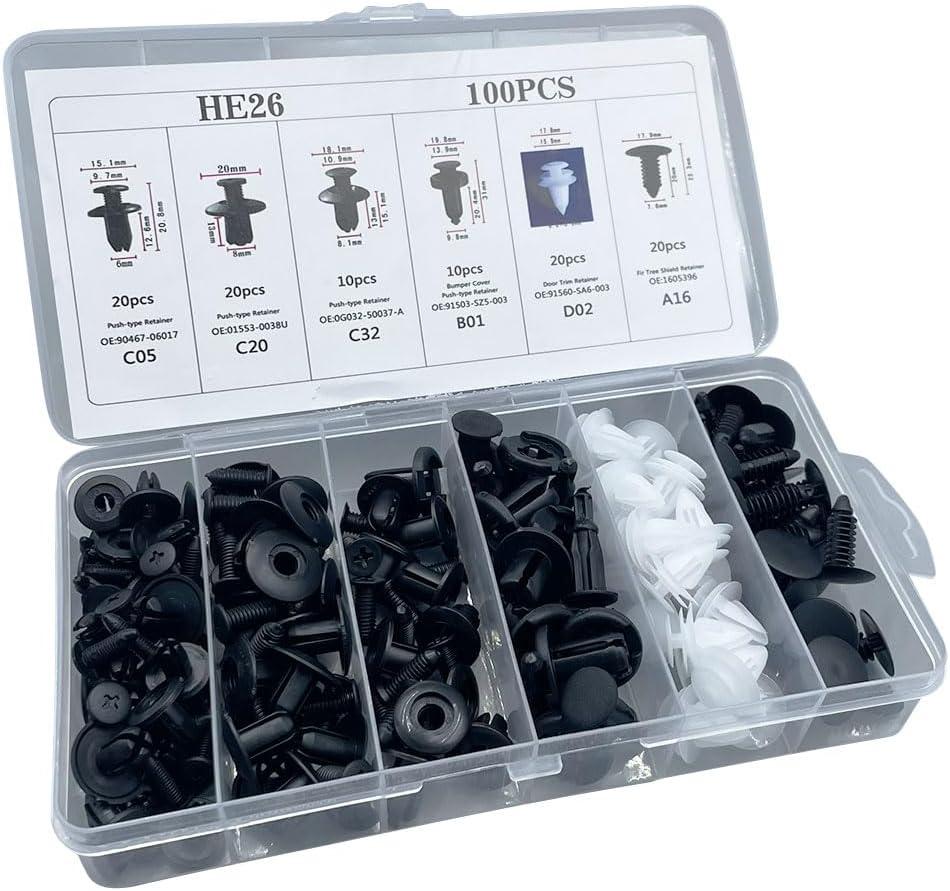 100PCS Plastic Car Body Trim Clips, Universal Car Bumper Clips, Rivets Fasteners Push Retainer Kit, Auto Push Pin Rivets Set with Storage Box