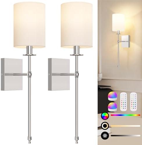 24.8 Inch Battery Operated Wall Sconces Set of 2 with Remote, Brushed Nickel Rechargeable Wireless Wall Lights with White Fabric Shade, Cordless Wall Lamps with Dimmable Detachable Bulbs for Bedroom