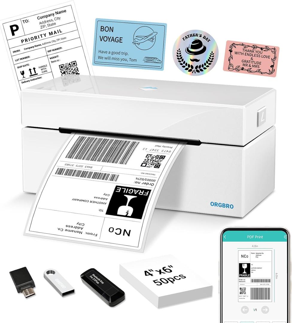 ORGBRO Bluetooth Thermal Shipping Label Printer, Z1Plus Wireless 4X6 Shipping Label Printer for Small Business Office or Home Support iPhone Android Windows macOS Chrome  Shopify USPS