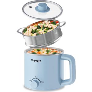 Topwit Hot Pot Electric with Steamer, 1.6L Ramen Cooker, Electric Pot for Pasta, Shabu-Shabu, Oatmeal, Soup and Egg, Portable Cooker with Dual Power Control, Dorm Room Essentials, Blue