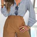 Siliteelon Button Down Dress Shirts for Women Striped Shirts Long Sleeve Casual Collared Office Work Shirt with Pocket Dark Blue and White, XS