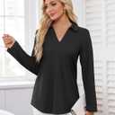 Women's Polo Shirts Collared V Neck Work Tops Long Sleeve Business Casual Dressy Blouses Textured Ribbed Tunic (Black, M)
