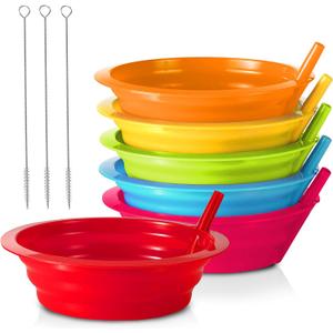PLASKIDY Kids Cereal Bowls with Straws - Set of 6 Plastic Bowl with Straw For kids BPA Free Dishwasher and Microwave Safe - 22 Oz Toddlers Bowls with Built-In Straws Includes 3 Cleaning Brushes