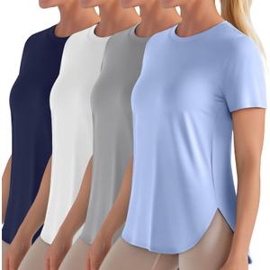 4 Pack Women's Workout T Shirts Short Sleeve Athletic Basic Tee Tops Quick Dry UPF 50+ Sun Protection with Split Hem (X-Large, Navy Blue,white,light Gray,light Blue)
