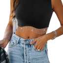 Womens Nashville Sparkly Rhinestone Fringe Sleeveless Crop Tops Y2K Raceback Ribbed Cropped Tank Tops with Glitter Tassel Small