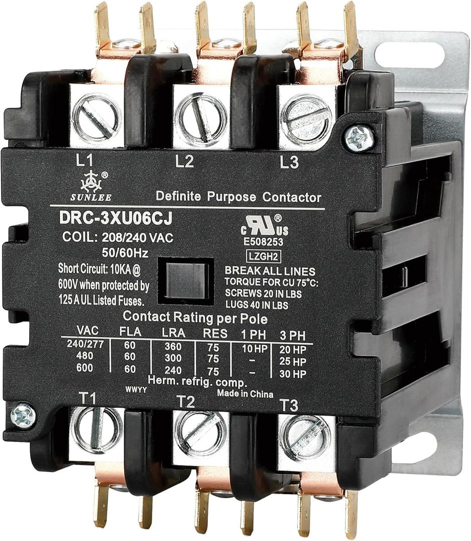 SUNLEE 60 Amp 75 RES 3 Pole 220V 240V coil DP Contactor A2L Compliant UL Recognized & Approved for UL 60335 HVAC Contactor 42EF35AG Equivalent