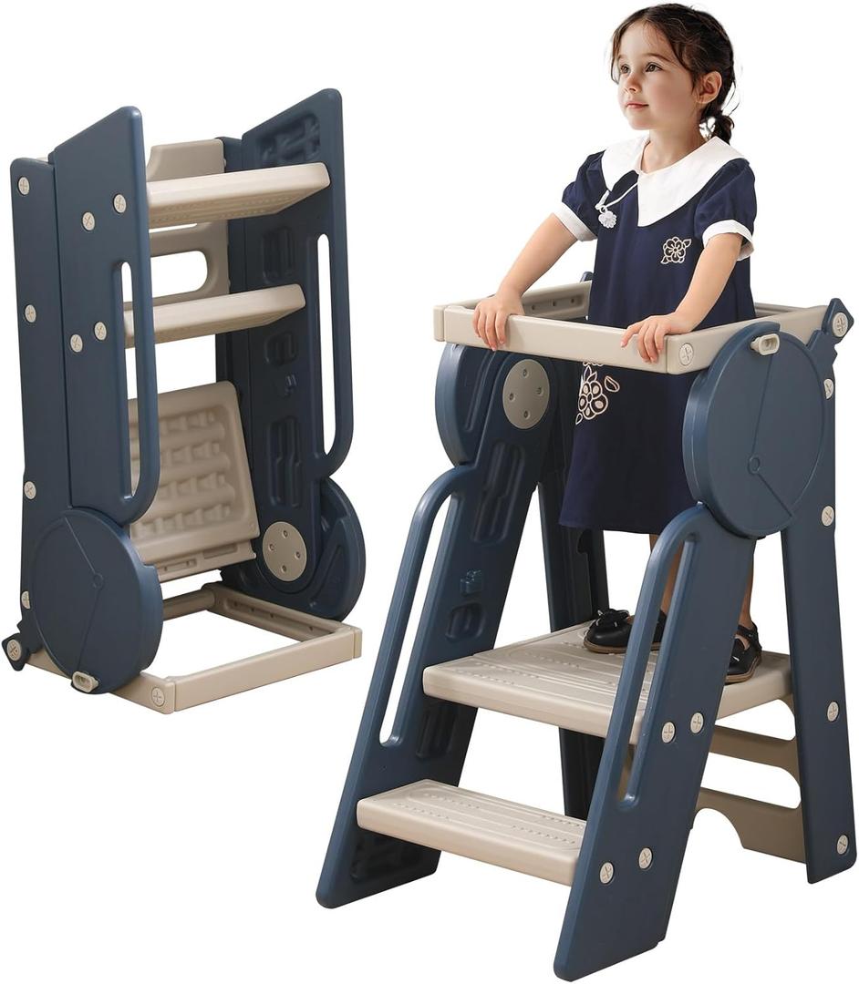 UNICOO Kids Toddler Tower & Ladder, Kitchen Step Stool, Months 12-84 Learning Stool with Adjustable Guardrail, Toddler Step Stool for Kitchen (Cool Blue)(OM-F3)