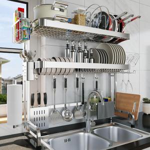 Over The Sink Dish Drying Rack, 3 Tier Adjustable Length Full Stainless Steel Large Storage Kitchen Dish Rack, for Kitchen Counter Expandable Multifunctional Organizers, Silver (25.98-37.6")