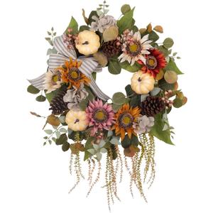 Fall Pumpkin Sunflower Pinecone Wreath for Front Door 24 Inch, Farmhouse Autumn Harvest Wreath with Bow & Eucalyptus, Fall Thanksgiving Decor for Home Door Wall Porch Window Indoor/Outdoor