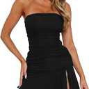 Women Strapless Tube Mini Dress Bodycon Dress Summer Side Slit Mesh Hem Cocktail Club Party Short Dresses (Black, L)