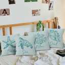 Coastal Beach Throw Pillow Covers 18x18, Ocean Sea Turtle Starfish Coral Seashell Decorative Pillow Covers for Home Bedroom, Coastal Pillowcases, Beachy Room Decor Accent Pillows Cover Set of 4