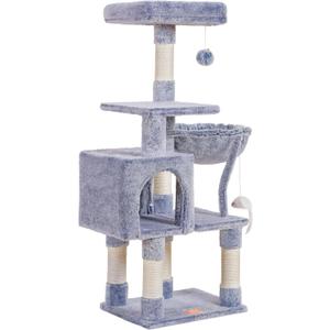 Heybly Cat Tree with Toy, Cat Tower condo for Indoor Cats, Cat House with Padded Plush Perch, Cozy Hammock and Sisal Scratching Posts, Pewter HCT004SPE (43.3 inch)