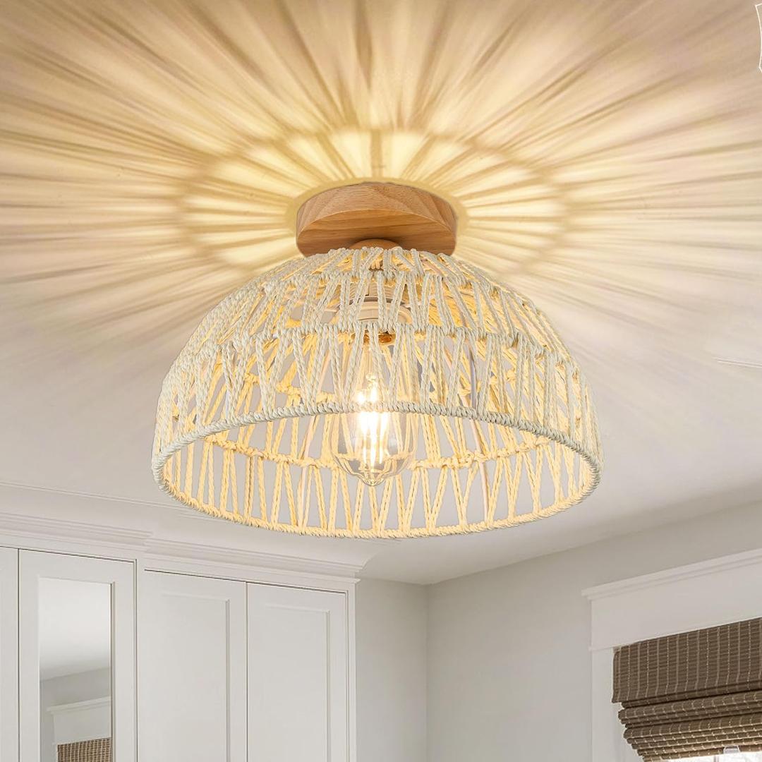 Boho Ceiling Light Fixture Rattan Flush Mount Ceiling Light Bedroom Chandelier Hand-Woven Lamp Shade Wooden Base Small Chandelier Boho Ceiling Lamp for Hallway Nursery Kitchen (Cream white)
