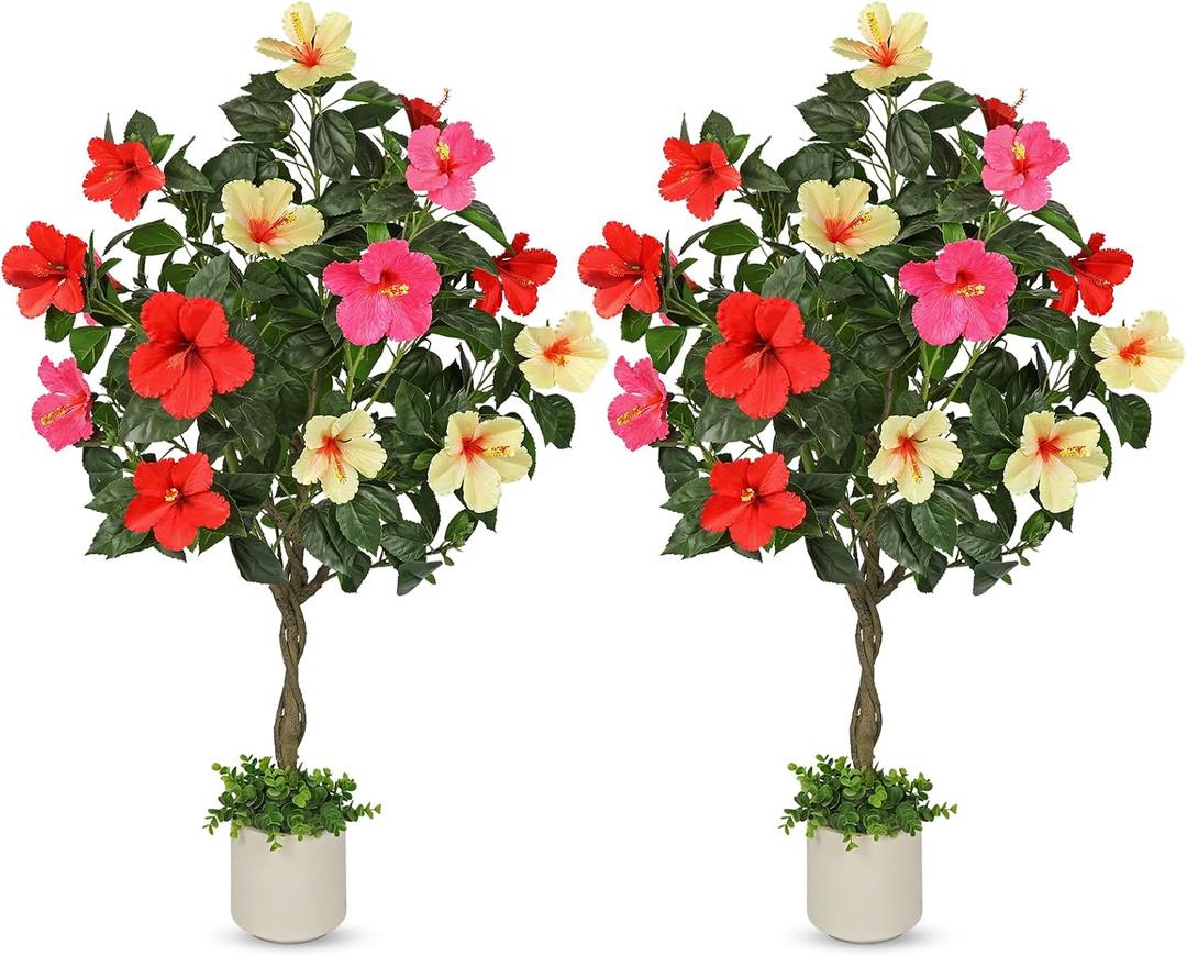 Briful 4ft Artificial Hibiscus Tree 2 Pcs, Fake Tropical Potted Plant
with UV-Resistant Leaves & Multicolored Flowers for Indoor Outdoor Porch Front Door Patio Entryway Living Room Office Decor