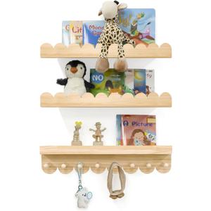 Floating Nursery Book Shelves with Hooks-20Inches Scalloped Shelves for Bedroom Kids Set of 3, Nursery Bookshelf for Kids Room Decor, Natural, Large