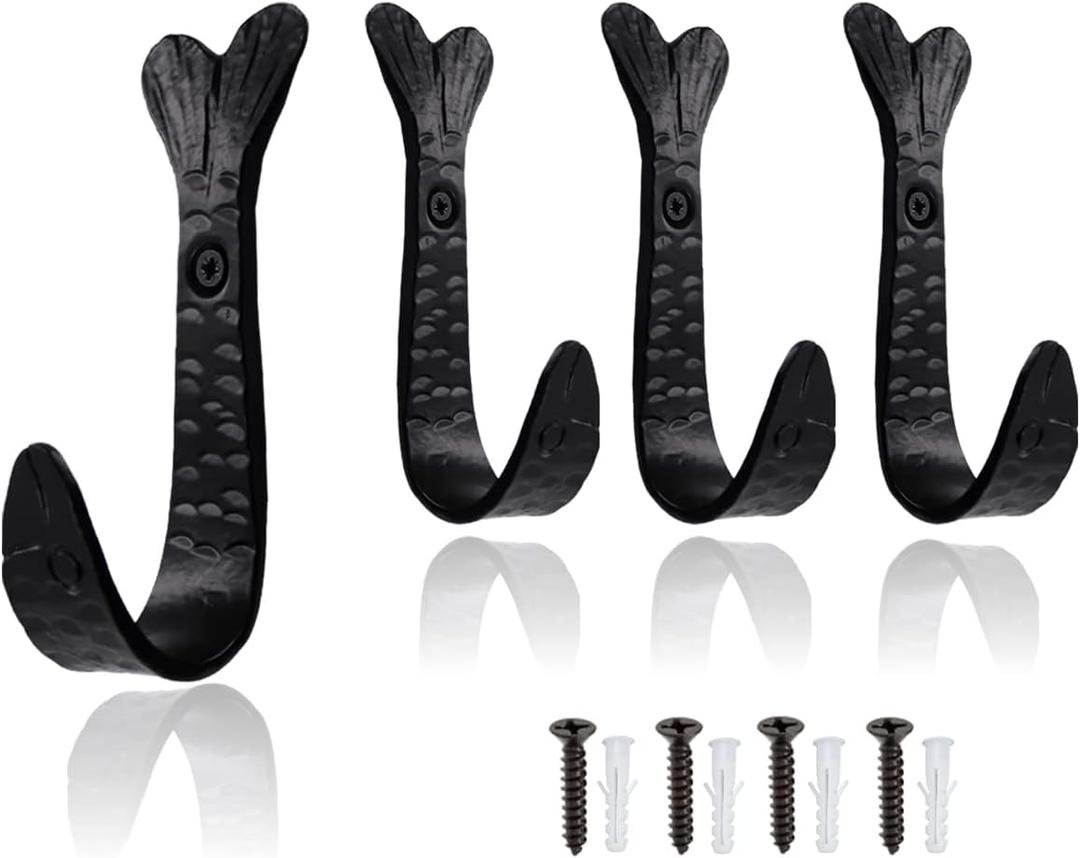The Metal Magician Pack of 4 Fish Tail HANDFORGED Rustic Wrought Iron Hooks Vintage Old Country Iron Hanging Hooks Cottage Kitchen Hand Forged
