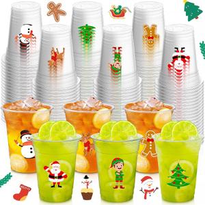 Qinyoung 120 Pieces Christmas Plastic Cups Bulk 12 oz Xmas Party Disposable Cups Set Clear Plastic Cups Packs Santa Snowman Tree Gingerman Design for Christmas Holiday Dinner Party Favors