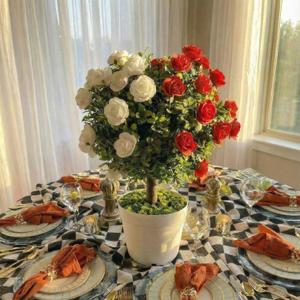 Wonderland Theme Tea Party Decoration Artificial Boxwood Balls Topiary Tree with 30 Red and White Faux Roses 16" Wonderland Theme Centerpiece Supplies for Birthday Baby Shower Fairy Tea Party