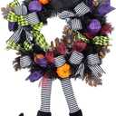 Halloween Wreaths for Front Door,24 Inch Witch Wreath with Hat Witches Legs Pumpkin, for Door,Porch,Window,Indoor and Outdoor Halloween Decoration (Purple)