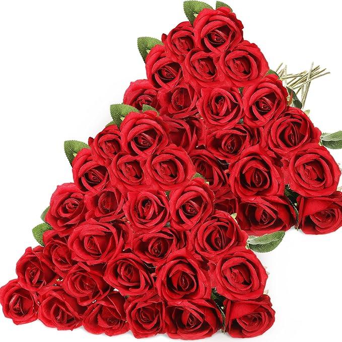 Hotop 40 Pcs Rose Artificial Flowers Bulk with Long Stem,Realistic Silk Fake Roses Bouquet for Home Wedding Centerpieces Party Table Decoration Valentines Gifts(Red)
