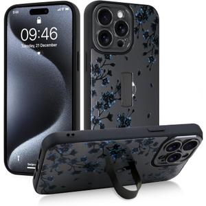 Gukalong Phone Case for iPhone 15 Pro 6.1 Inch Black Floral Flowers Cherry Blossom Slim Phone Cover with Strap Stand Heavy Duty Shockproof Protective Anti-Scratch Kickstand Case for Women